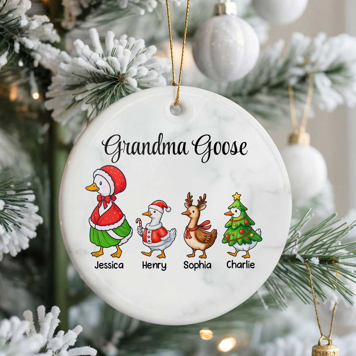 Cute Grandma Goose And Kids Personalized Circle Ceramic Ornament - Image 6