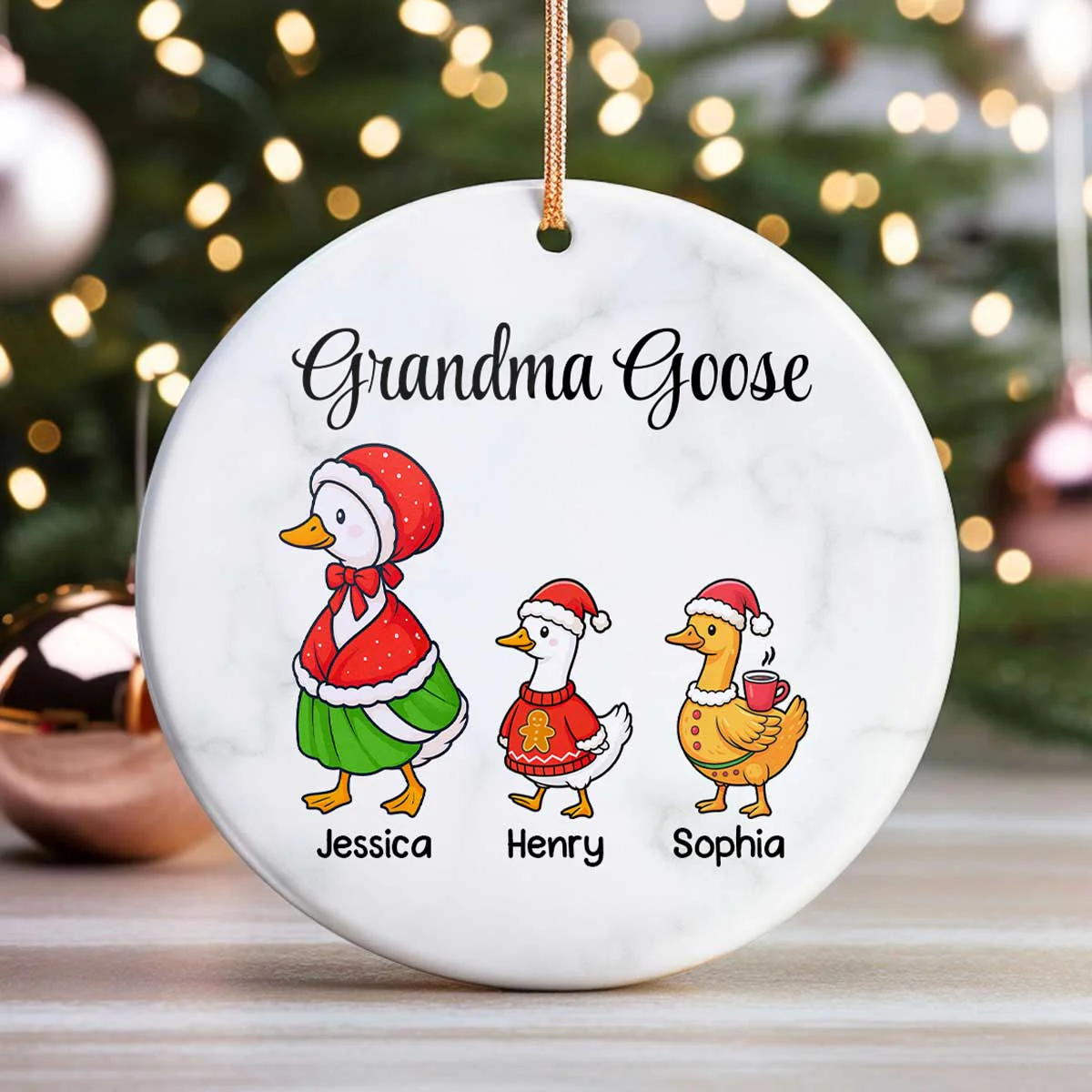 Cute Grandma Goose And Kids Personalized Circle Ceramic Ornament - Image 7