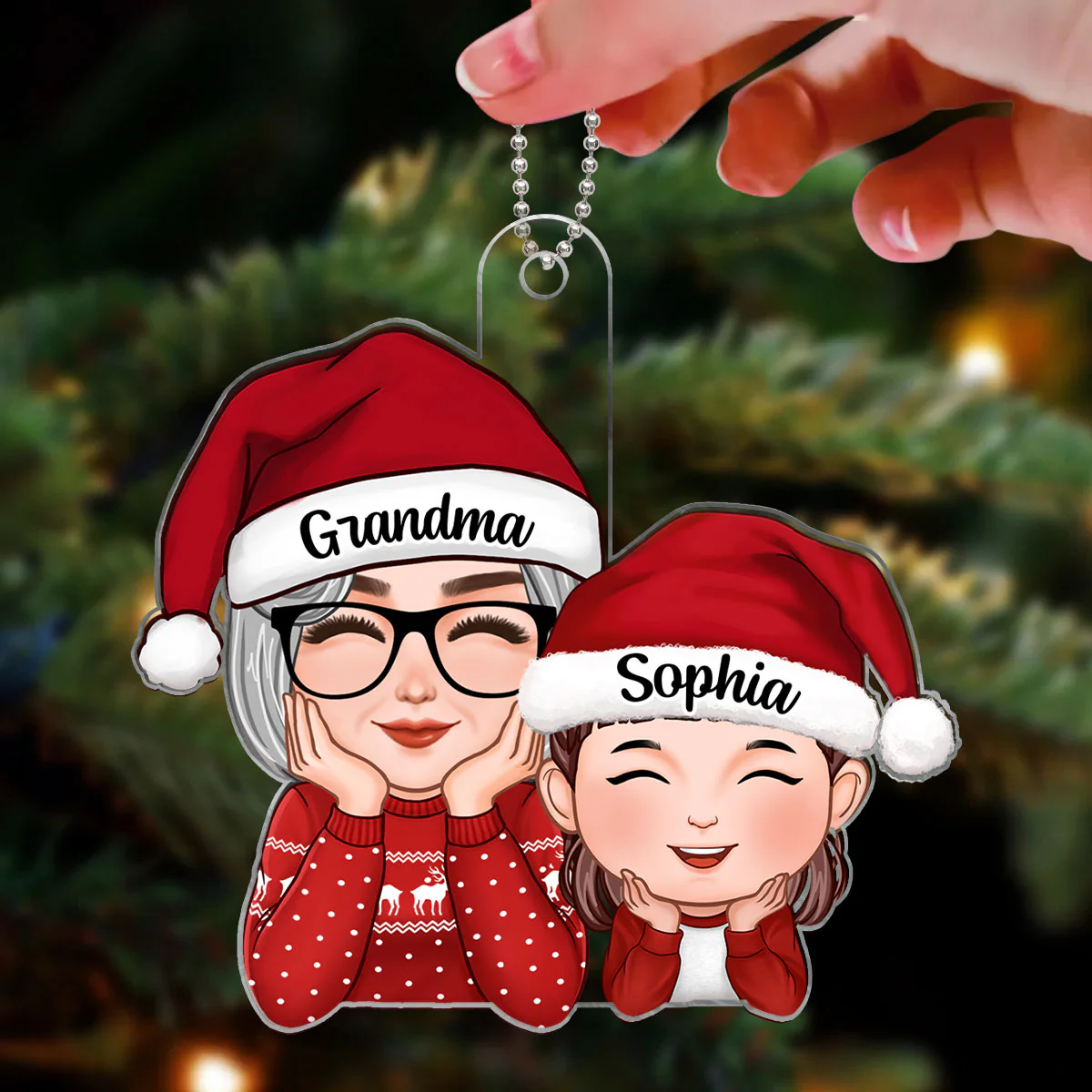 Cute Grandma Granddaughter Grandson Chin On Hands Personalized Acrylic Ornament - Image 3