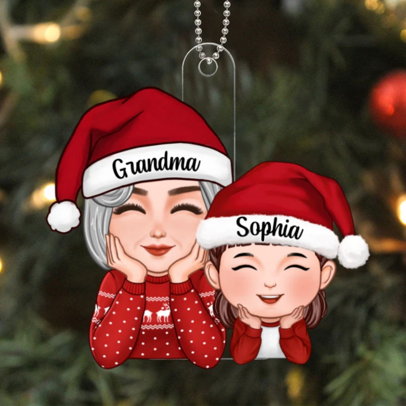 Cute Grandma Granddaughter Grandson Chin On Hands Personalized Acrylic Ornament - Image 5