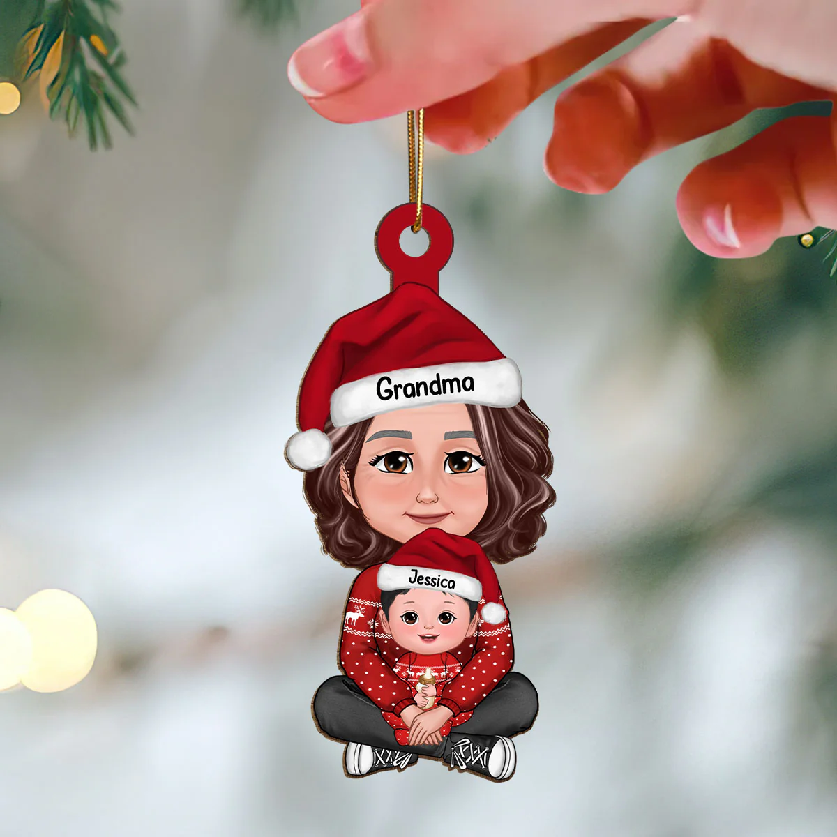 Cute Grandma Granddaughter Grandson Crossed Legs Personalized Wooden Ornament - Image 3