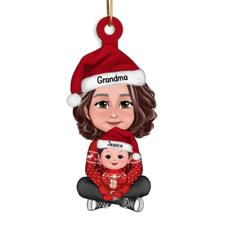 Cute Grandma Granddaughter Grandson Crossed Legs Personalized Wooden Ornament - Image 5