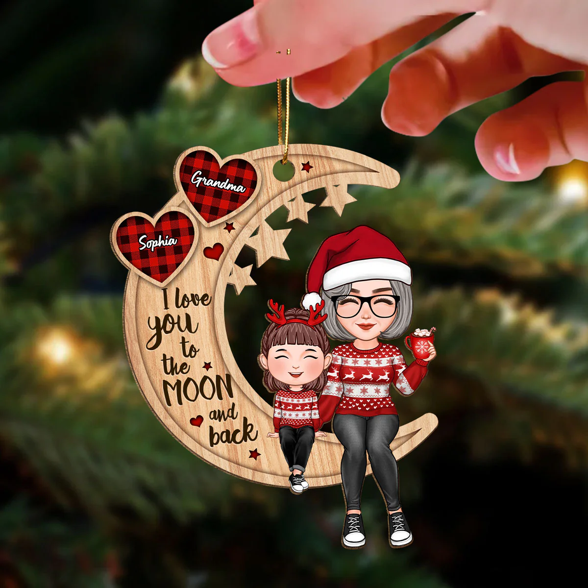 Cute Grandma & Grandkid Checkered Pattern Heart Love To The Moon Gift For Granddaughter Grandson Personalized Wooden Ornament - Image 3