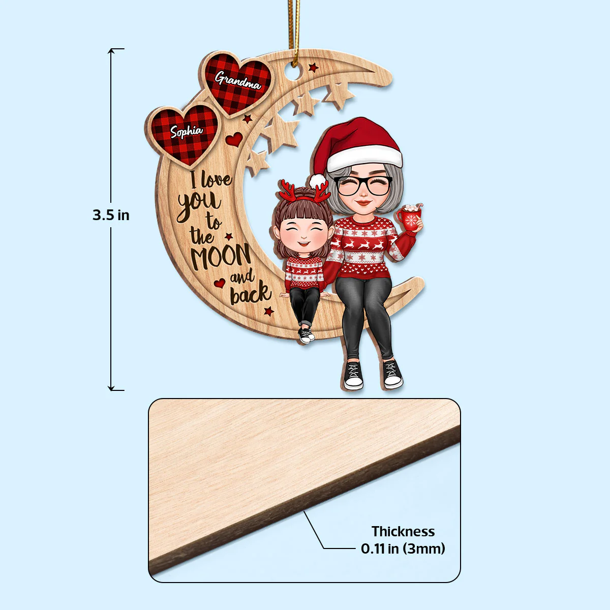 Cute Grandma & Grandkid Checkered Pattern Heart Love To The Moon Gift For Granddaughter Grandson Personalized Wooden Ornament - Image 4