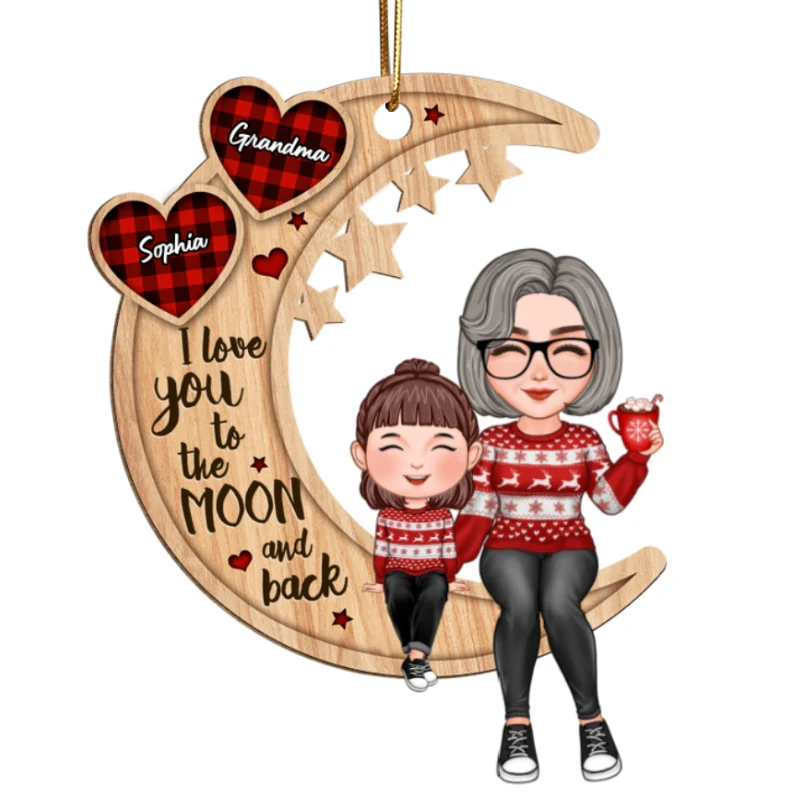 Cute Grandma & Grandkid Checkered Pattern Heart Love To The Moon Gift For Granddaughter Grandson Personalized Wooden Ornament - Image 5