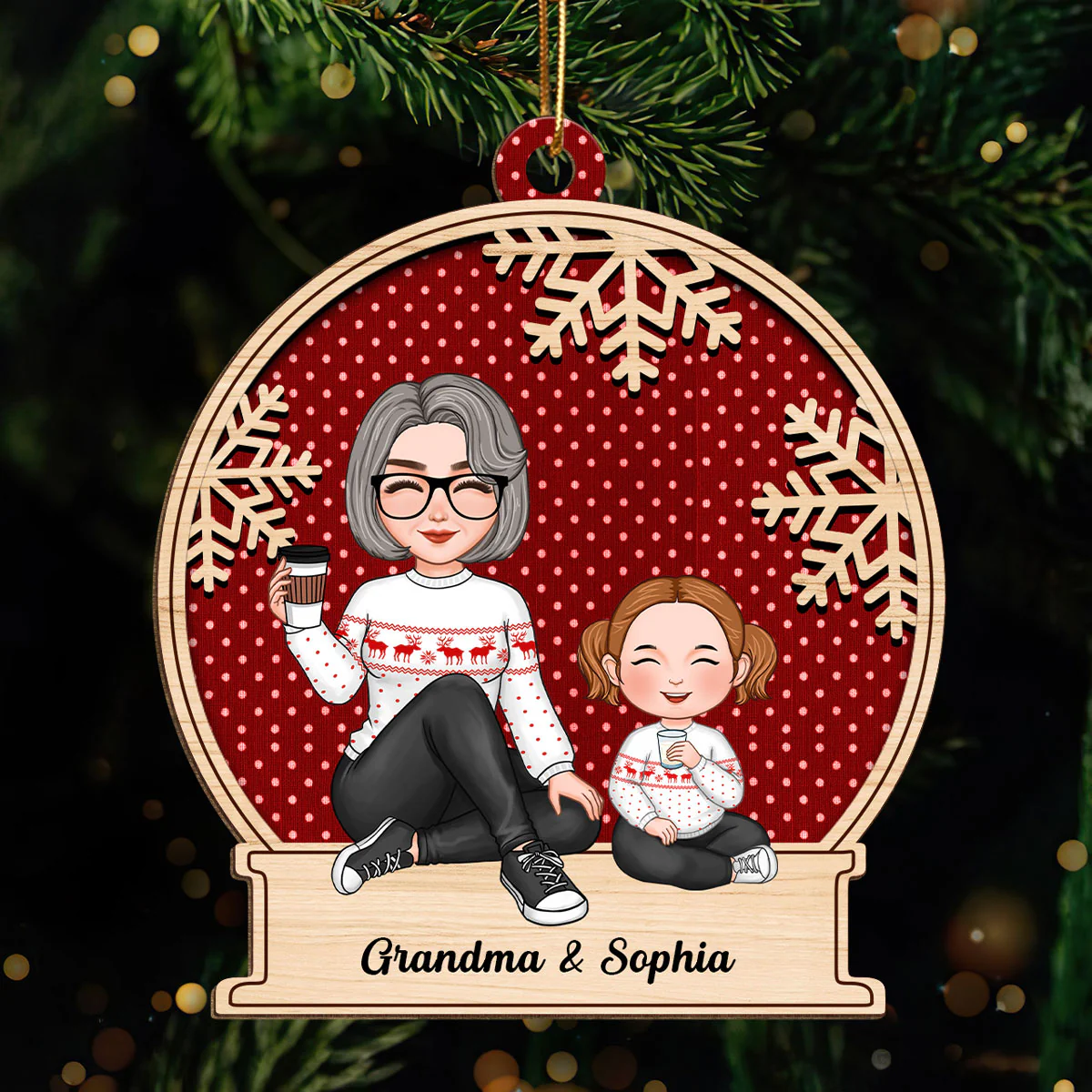 Cute Grandma & Grandkid Christmas Gift For Granddaughter Grandson Beautiful Patterns Personalized Wooden Ornament - Image 3
