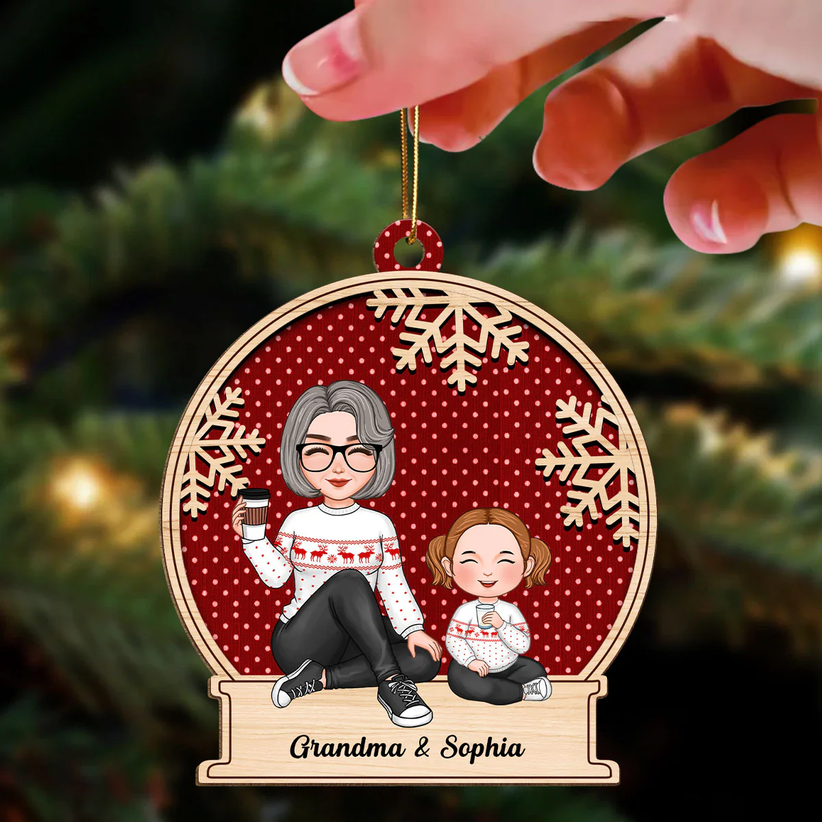 Cute Grandma & Grandkid Christmas Gift For Granddaughter Grandson Beautiful Patterns Personalized Wooden Ornament - Image 4