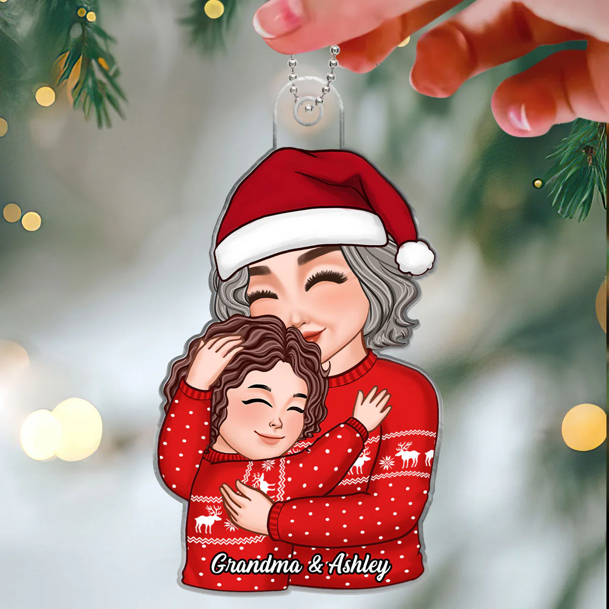 Grandma & Grandkid Hugging Cuddling Christmas Gift For Granddaughter Grandson Personalized Acrylic Ornament - Image 3