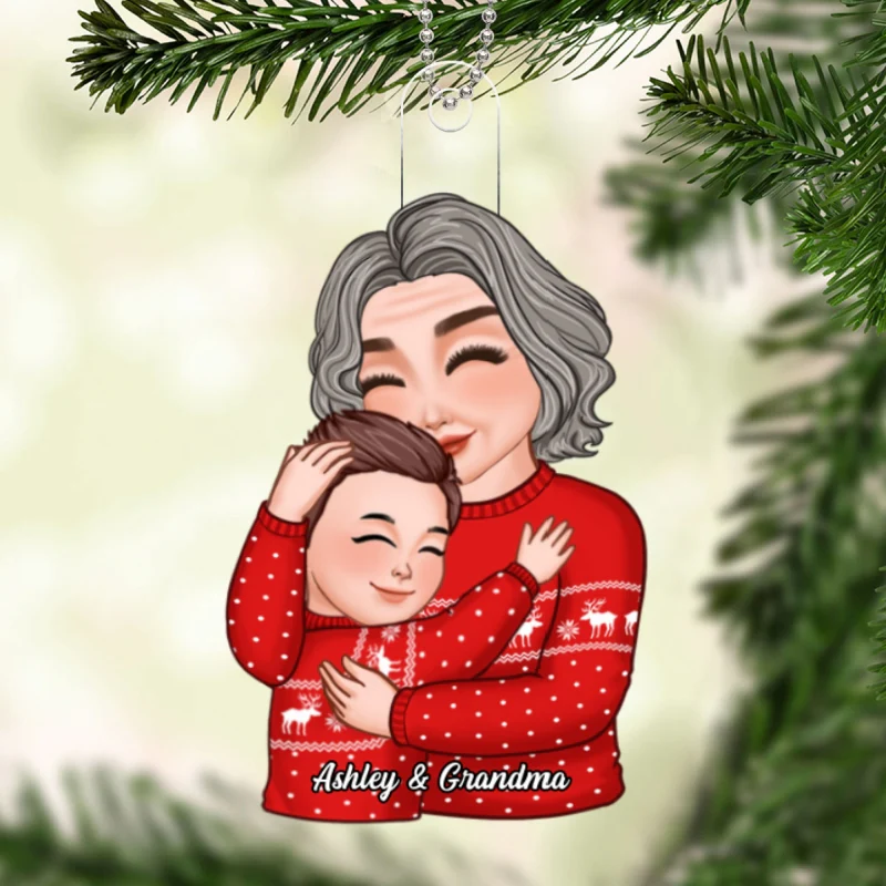 Grandma & Grandkid Hugging Cuddling Christmas Gift For Granddaughter Grandson Personalized Acrylic Ornament - Image 5