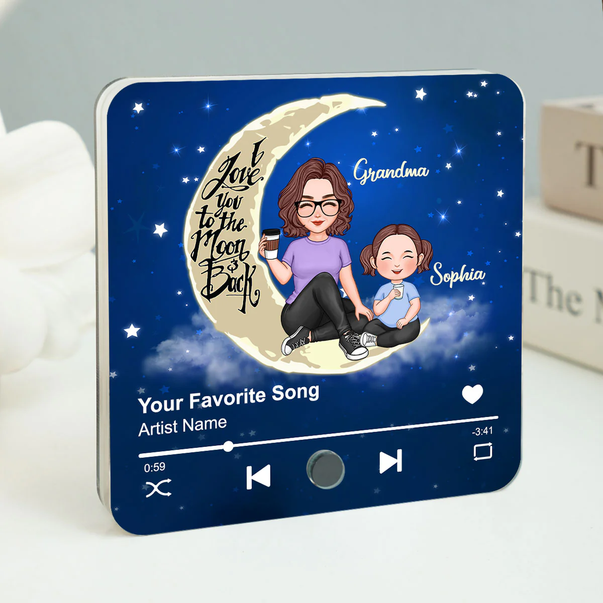 Cute Grandma & Grandkid I Love You To The Moon And Back Personalized Music Fridge Magnet - Image 2