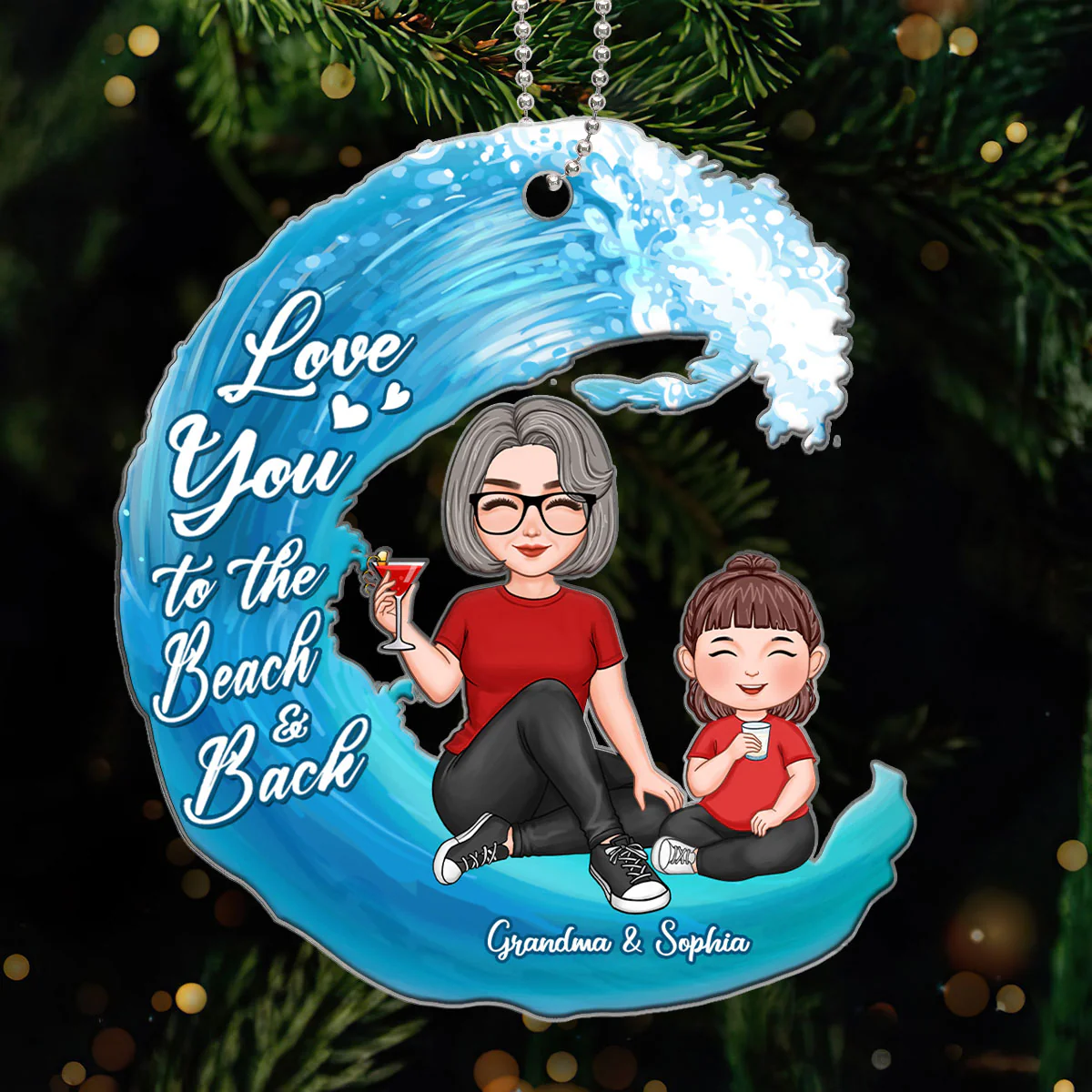 Cute Grandma & Grandkid Love To The Beach Wave Personalized Acrylic Ornament