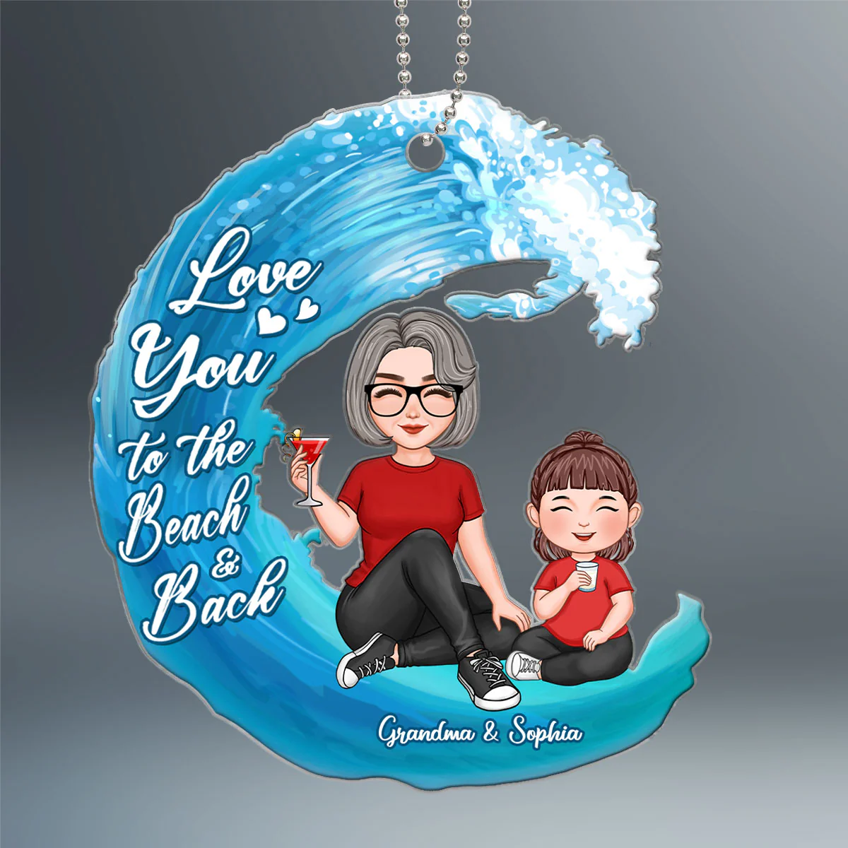 Cute Grandma & Grandkid Love To The Beach Wave Personalized Acrylic Ornament - Image 2
