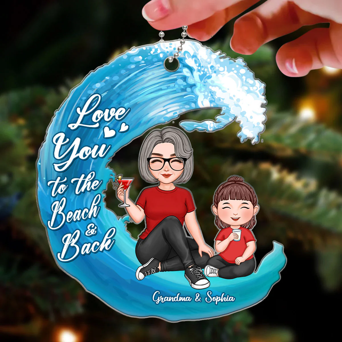 Cute Grandma & Grandkid Love To The Beach Wave Personalized Acrylic Ornament - Image 3
