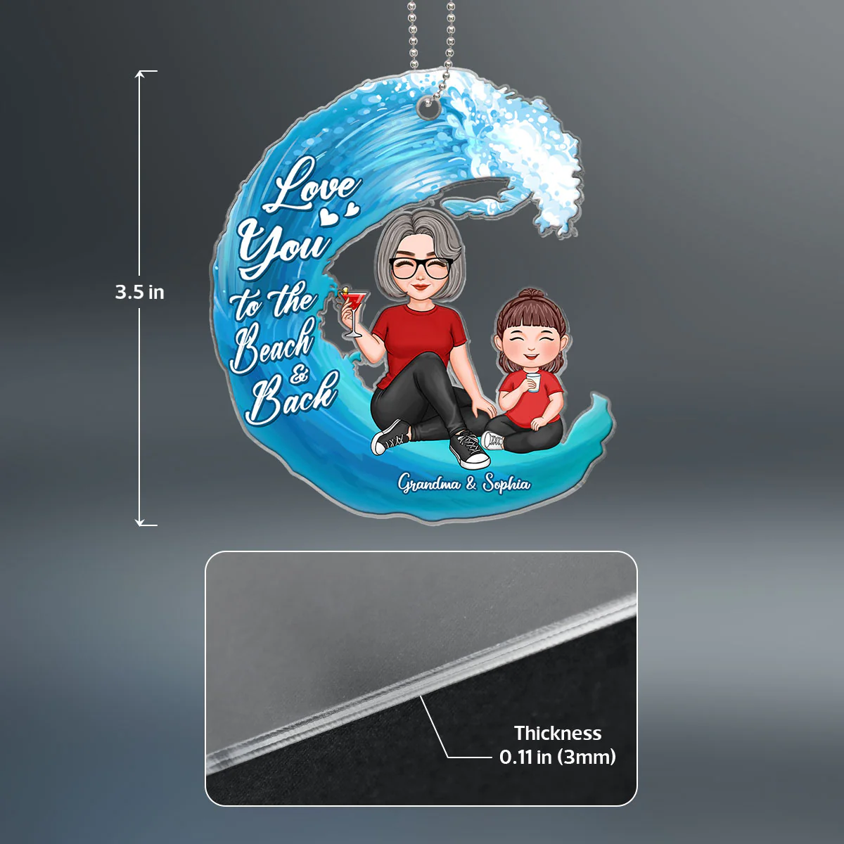 Cute Grandma & Grandkid Love To The Beach Wave Personalized Acrylic Ornament - Image 4
