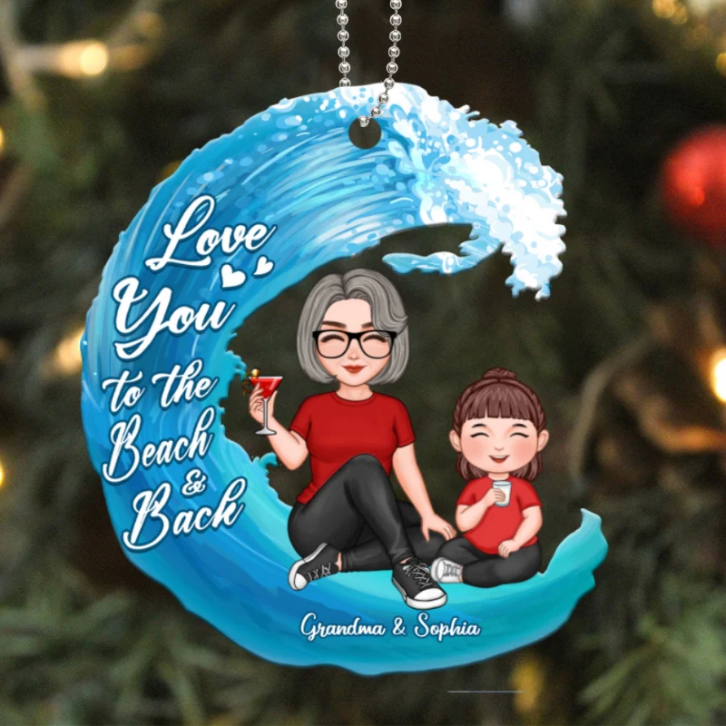 Cute Grandma & Grandkid Love To The Beach Wave Personalized Acrylic Ornament - Image 5