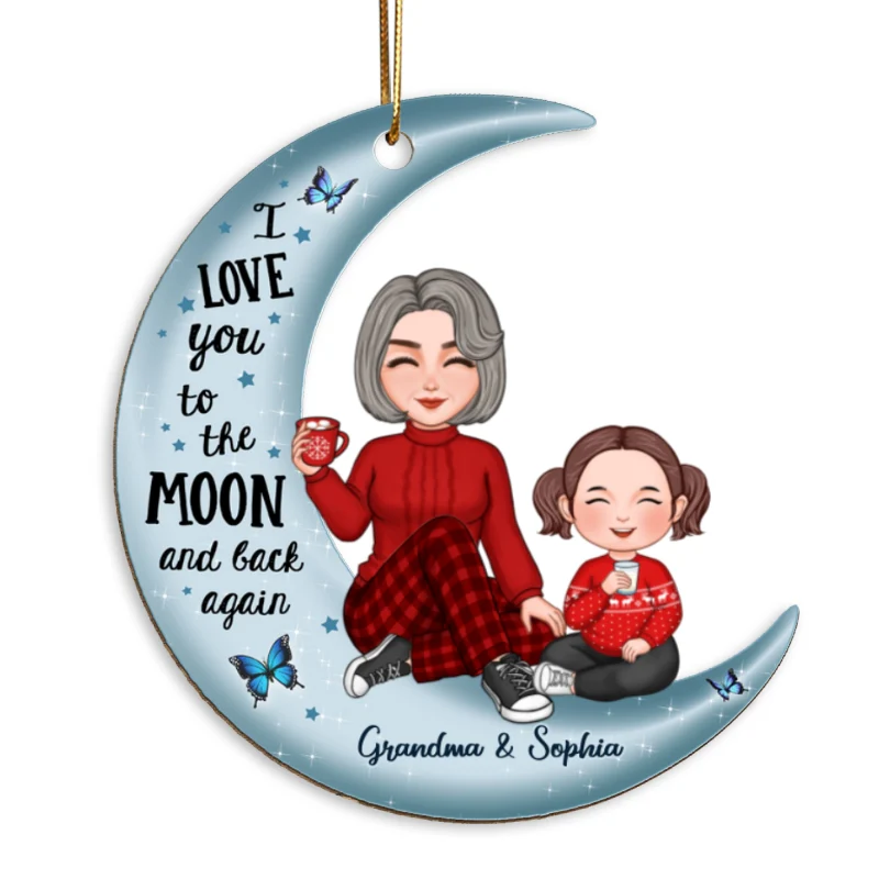 Cute Grandma & Grandkid On Blue Moon Christmas Gift Personalized Wooden Ornament - Image 5