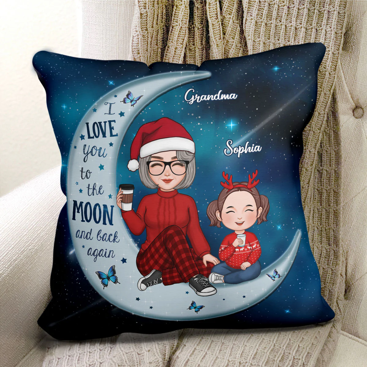 Cute Grandma & Grandkid On Moon Christmas Gift For Grandson Granddaughter Personalized Pillow - Image 3