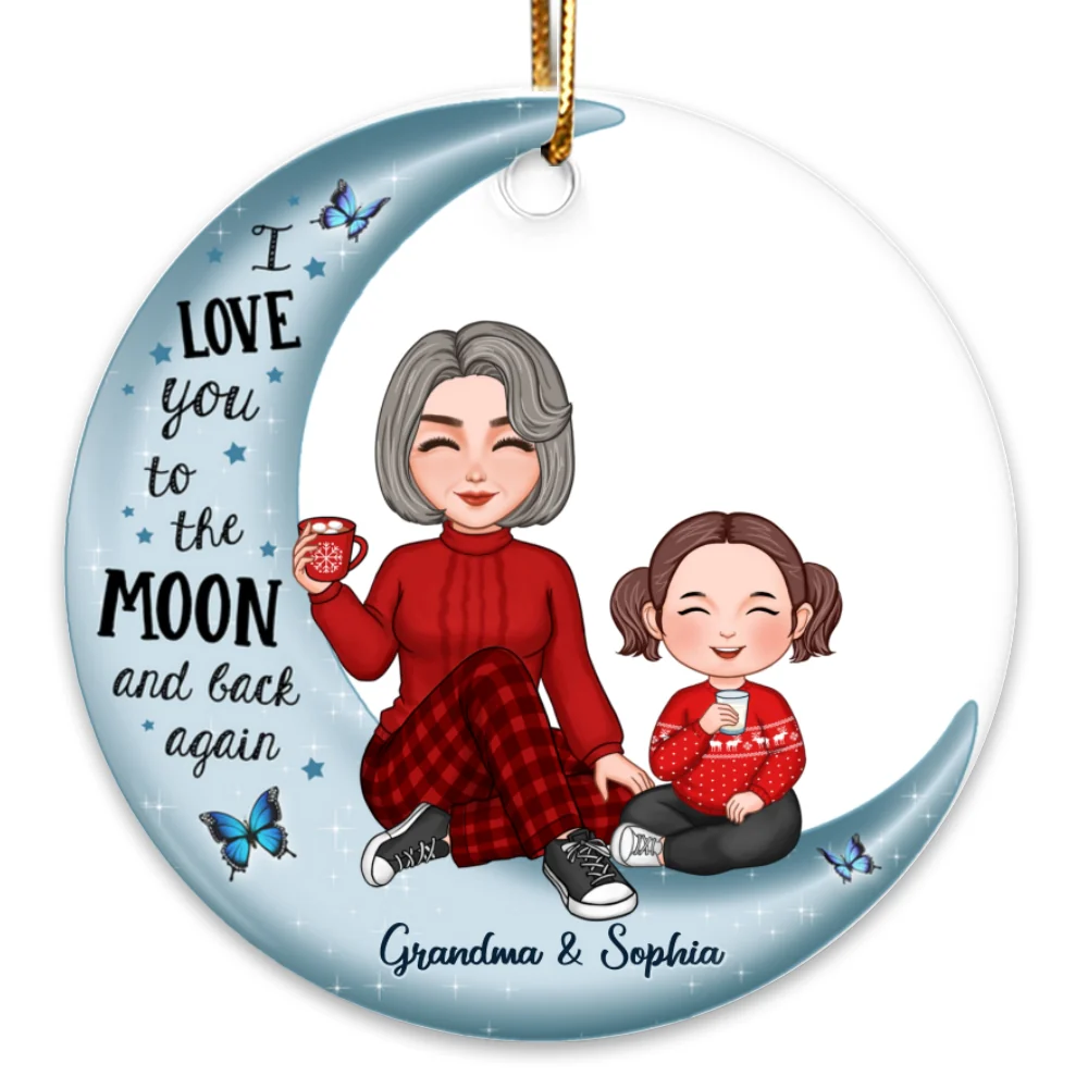Cute Grandma & Grandkid On Moon Christmas Gift Personalized Circle Ornament [Grandma's nickname can be changed]