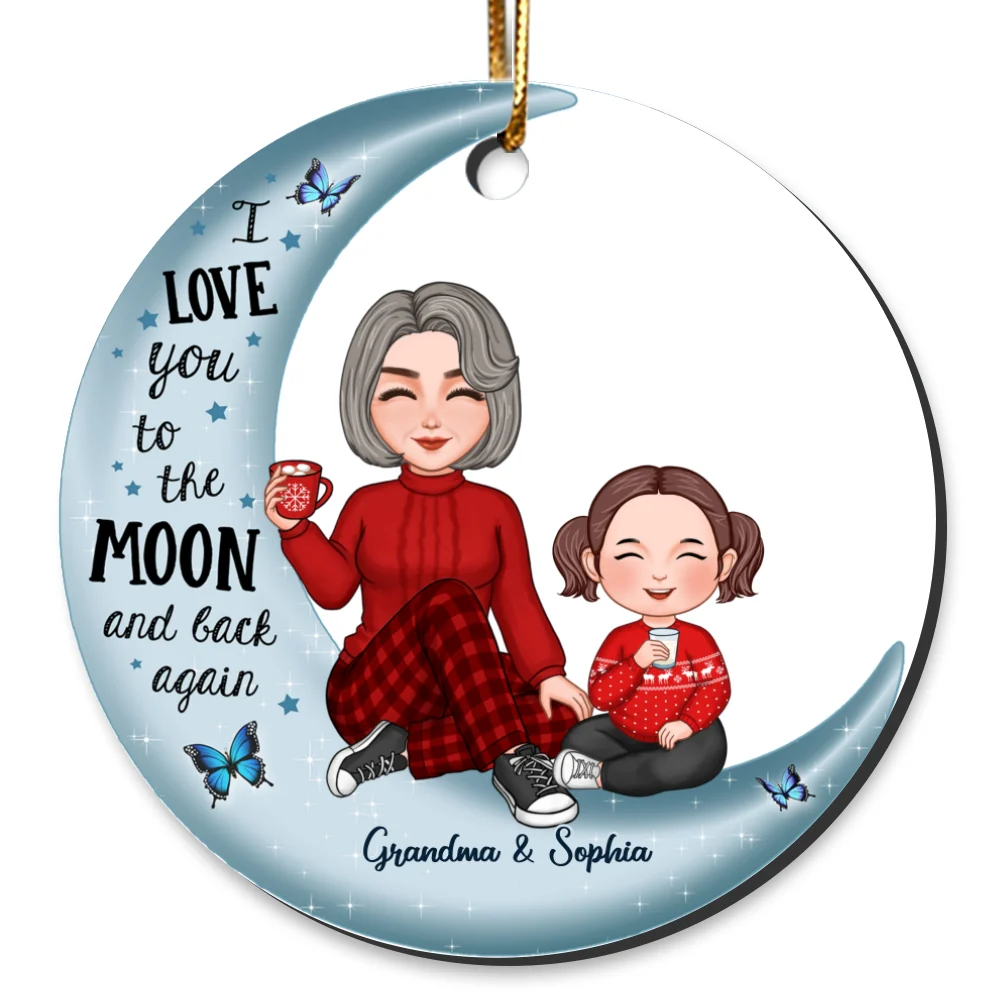 Cute Grandma & Grandkid On Moon Christmas Gift Personalized Circle Ornament [Grandma's nickname can be changed] - Image 2