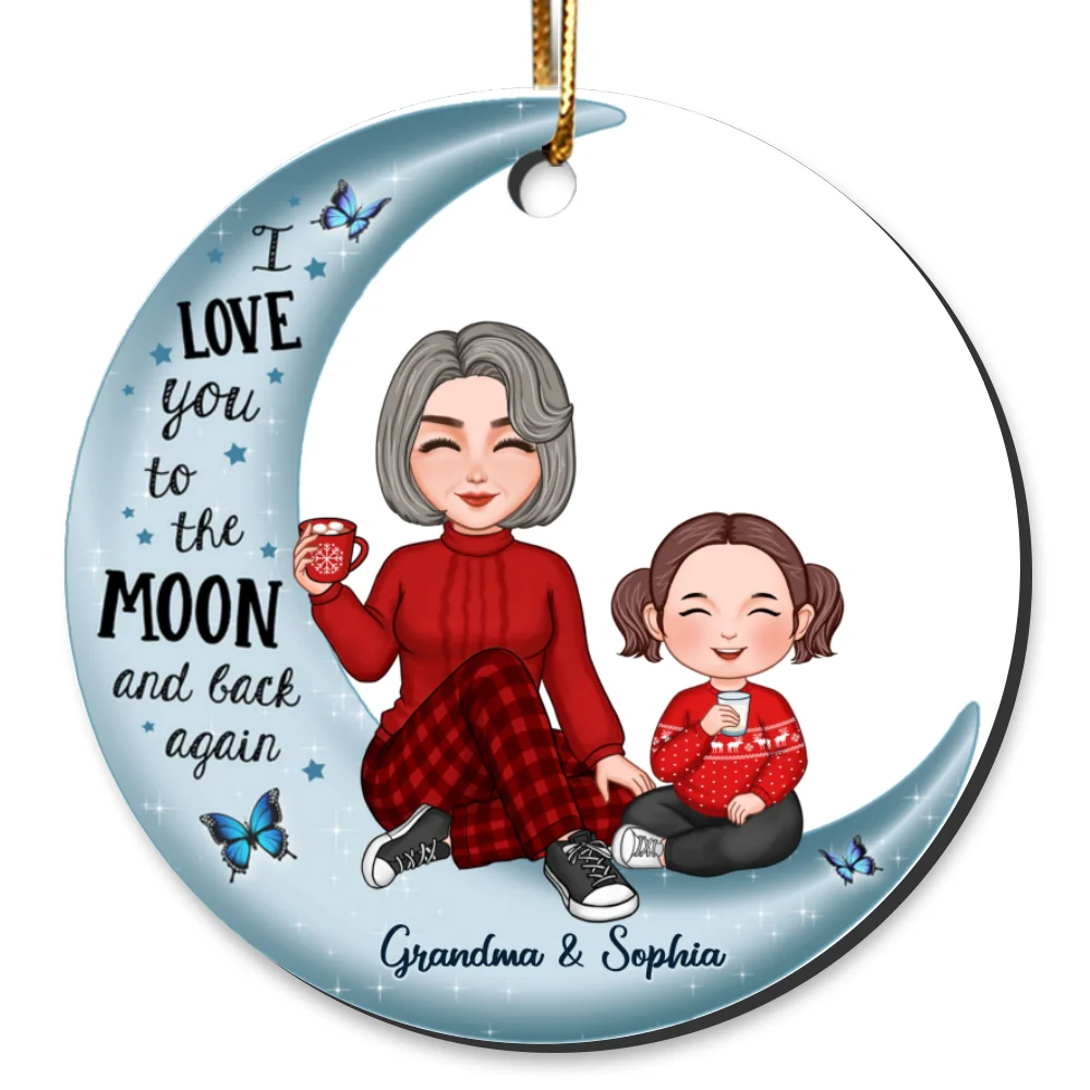Cute Grandma & Grandkid On Moon Christmas Gift Personalized Circle Ornament [Grandma's nickname can be changed] - Image 2