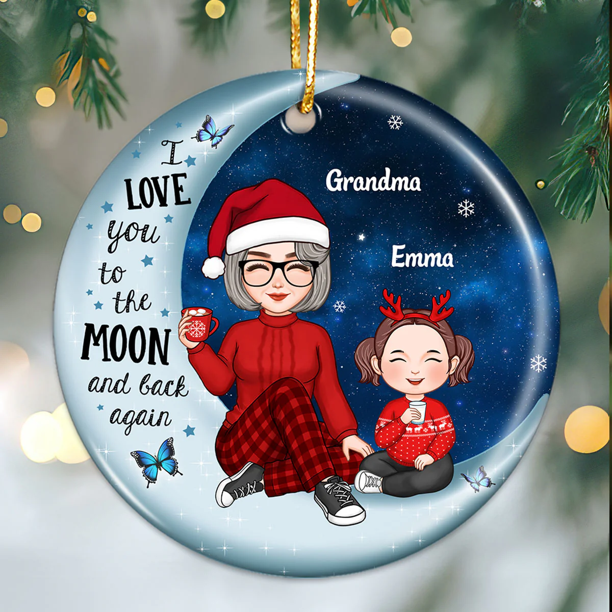 Cute Grandma & Grandkid On Moon Christmas Gift Personalized Circle Ornament - Image 2
