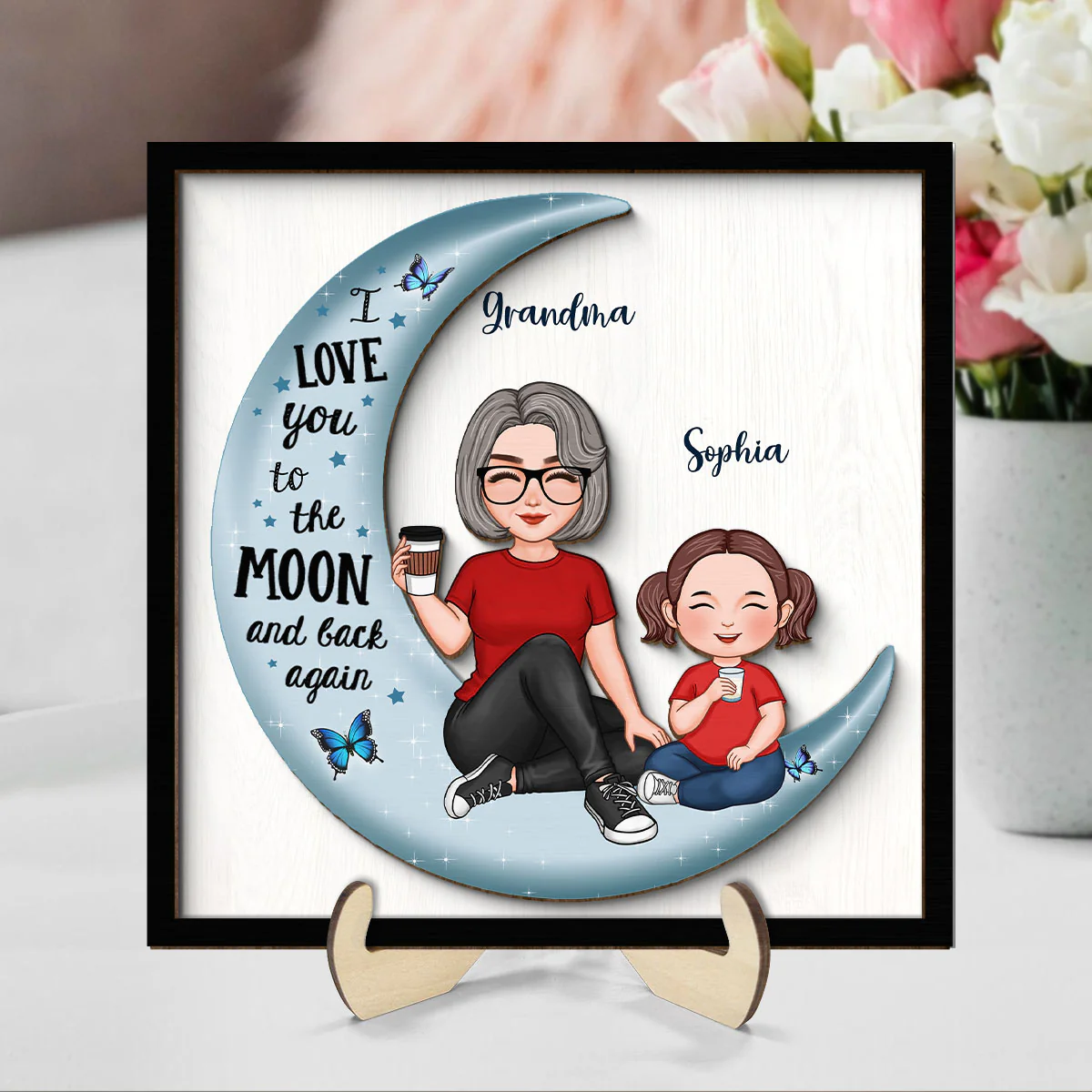 Cute Grandma & Grandkid On Moon Gift For Granddaughter Grandson Grandma Personalized 2-Layer Wooden Plaque - Image 2