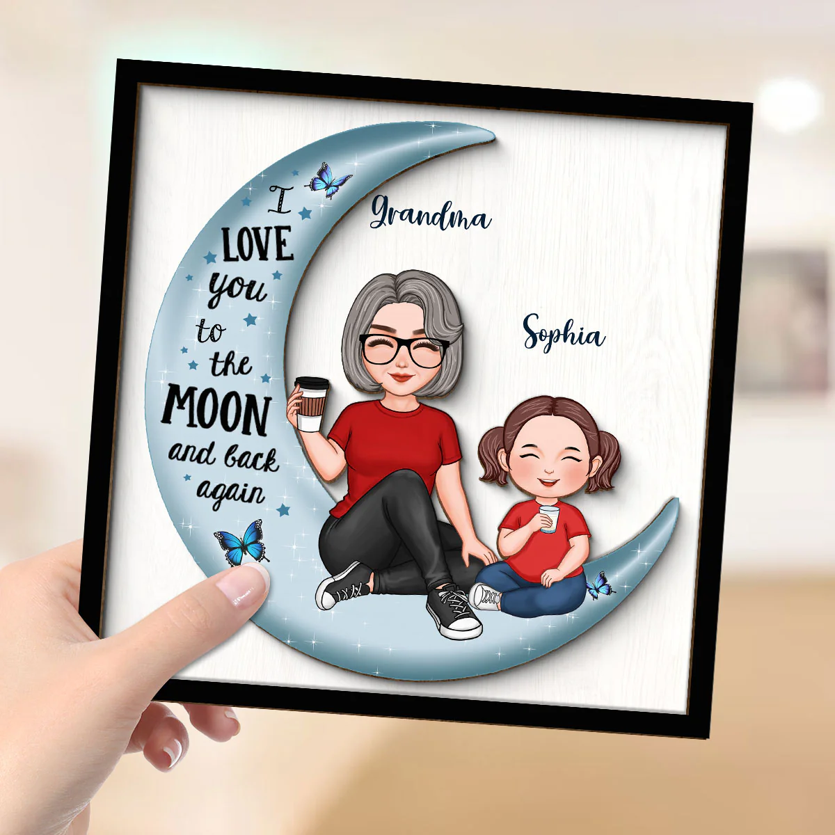 Cute Grandma & Grandkid On Moon Gift For Granddaughter Grandson Grandma Personalized 2-Layer Wooden Plaque - Image 4