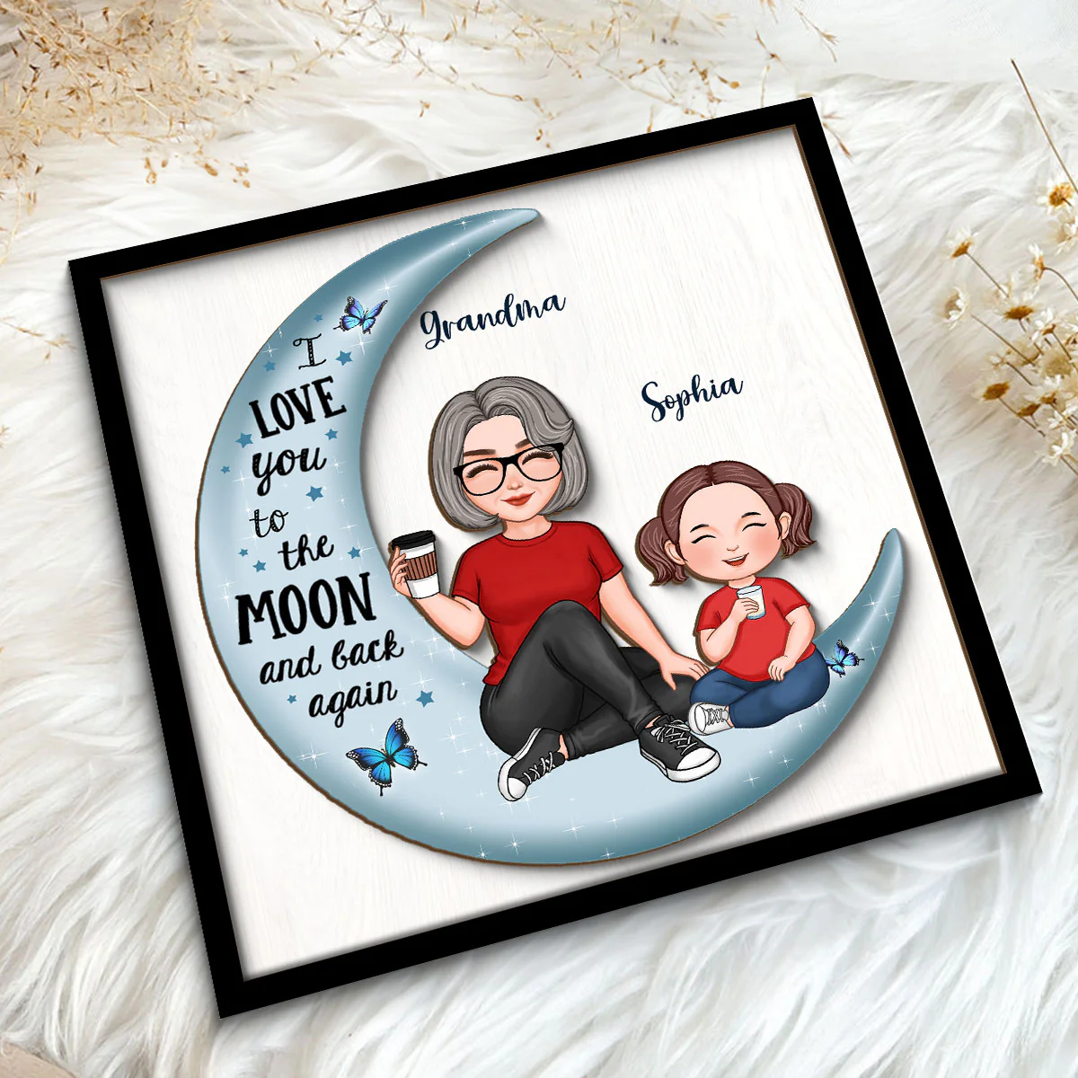 Cute Grandma & Grandkid On Moon Gift For Granddaughter Grandson Grandma Personalized 2-Layer Wooden Plaque - Image 5
