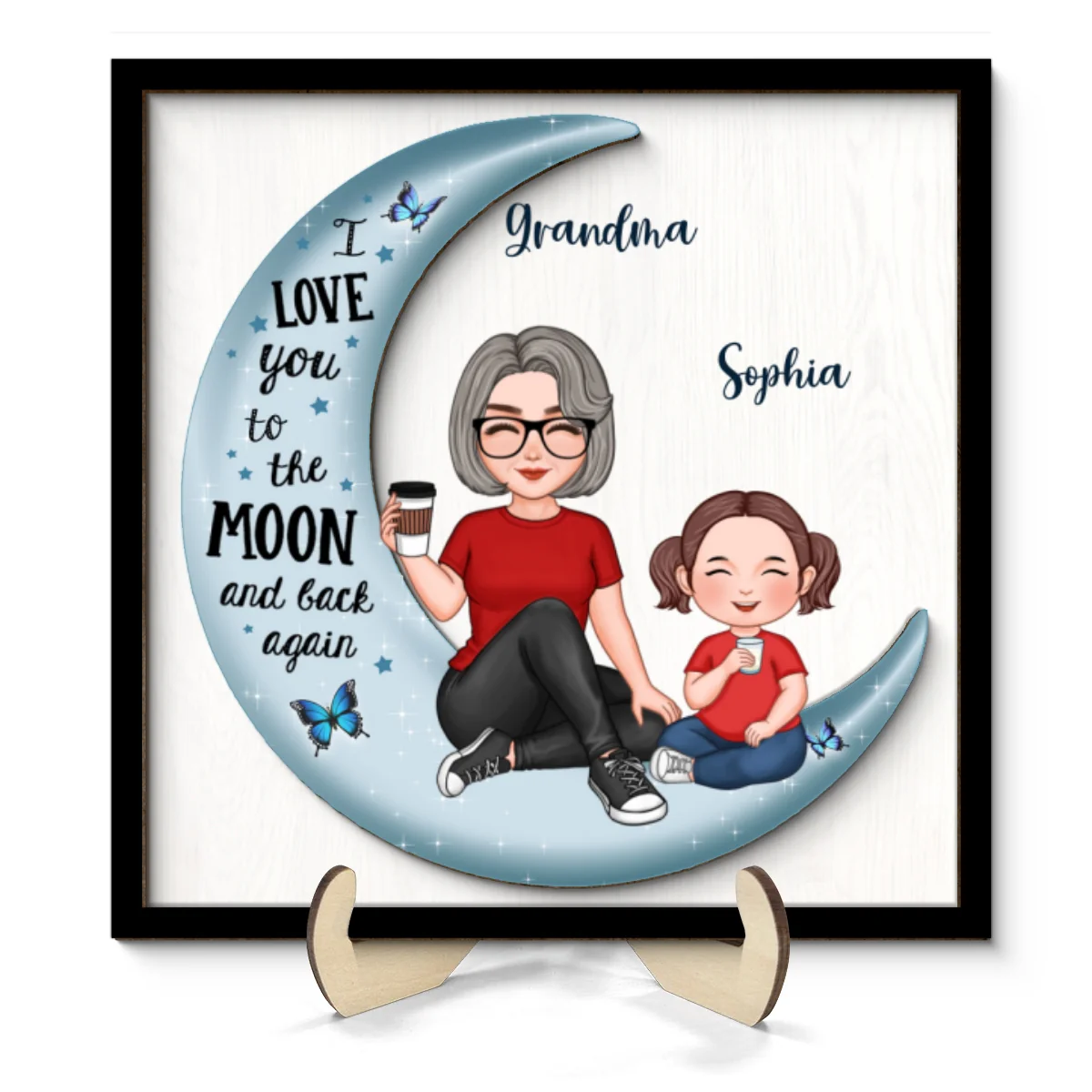 Cute Grandma & Grandkid On Moon Gift For Granddaughter Grandson Grandma Personalized 2-Layer Wooden Plaque - Image 8