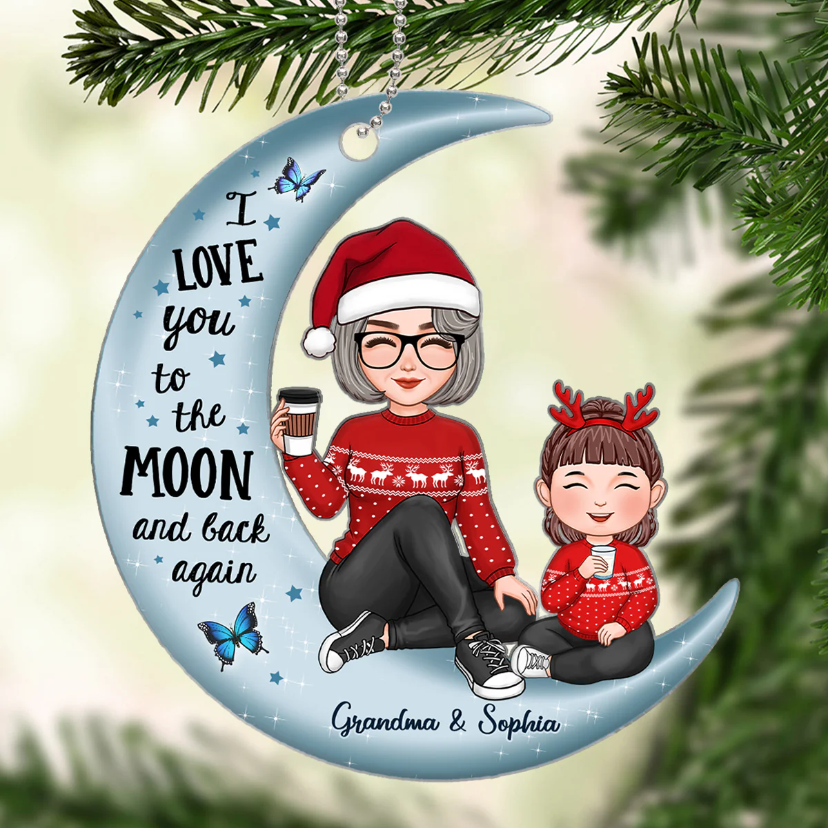 Cute Grandma & Grandkid On Moon Kid Baby Teenage Granddaughter Grandson Personalized Acrylic Ornament