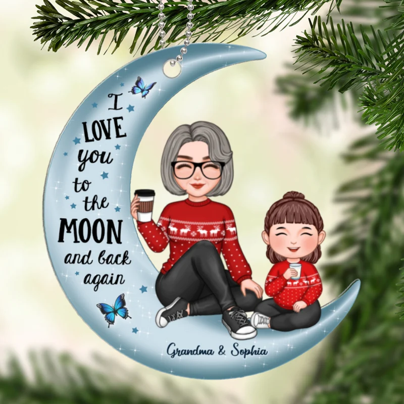 Cute Grandma & Grandkid On Moon Kid Baby Teenage Granddaughter Grandson Personalized Acrylic Ornament - Image 5