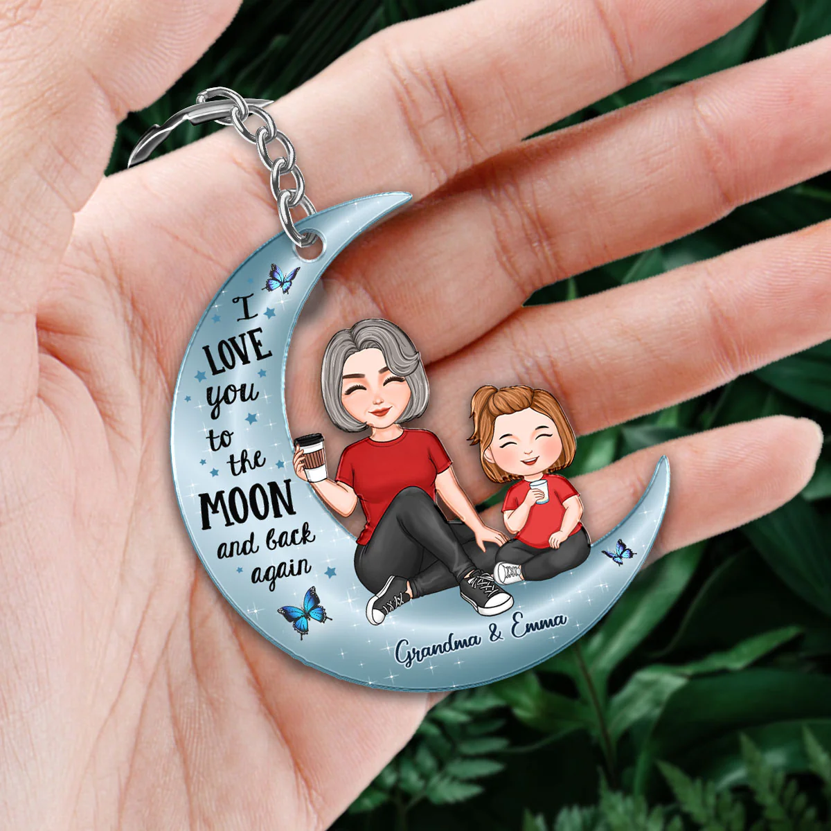 Cute Grandma & Grandkid On Moon Personalized Acrylic Keychain - Image 2