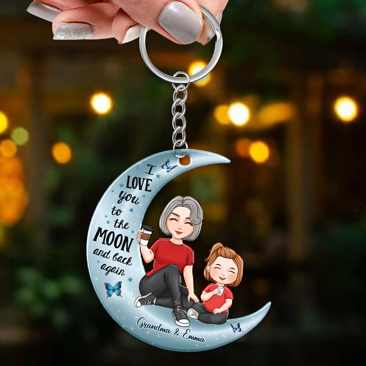 Cute Grandma & Grandkid On Moon Personalized Acrylic Keychain - Image 3