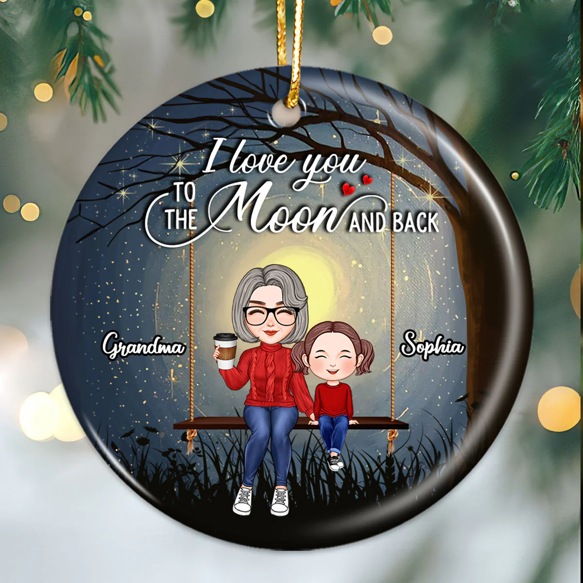 Cute Grandma Grandkid On Swing Love To The Moon Gift For Granddaughter Grandson Personalized Circle Ornament - Image 2