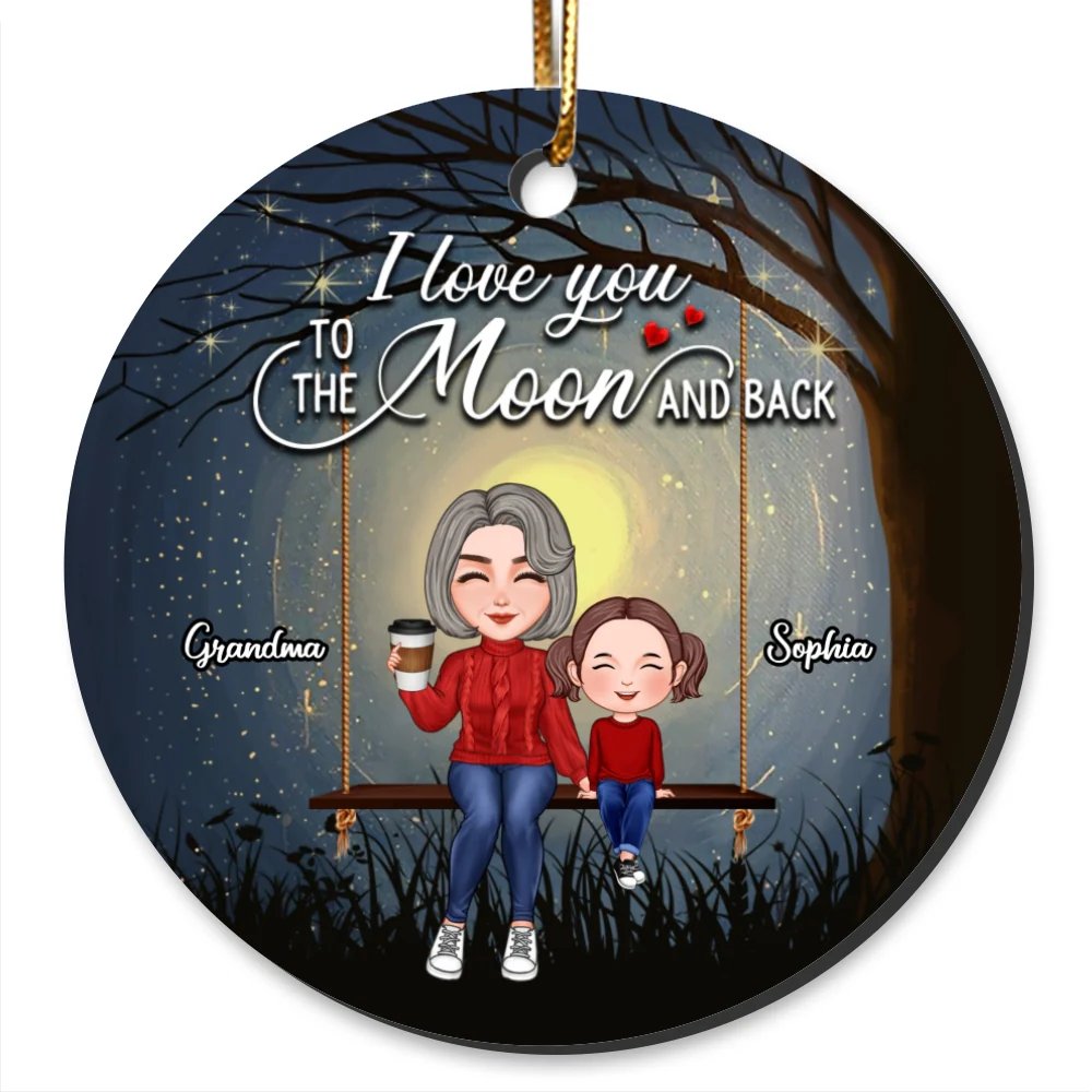 Cute Grandma Grandkid On Swing Love To The Moon Gift For Granddaughter Grandson Personalized Circle Ornament - Image 7