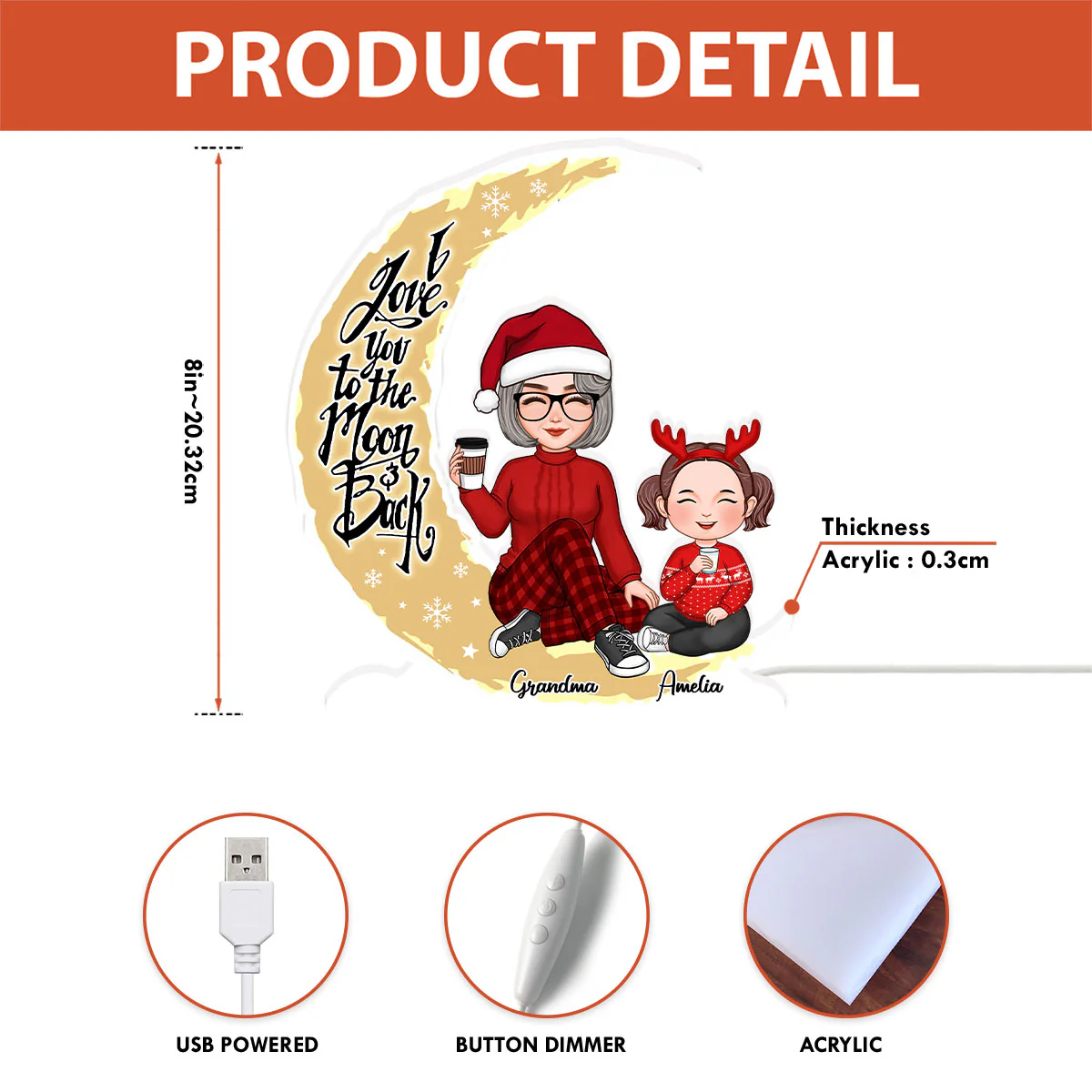Cute Grandma & Grandkid On Yellow Moon Christmas Gift Personalized Light Box - Image 9