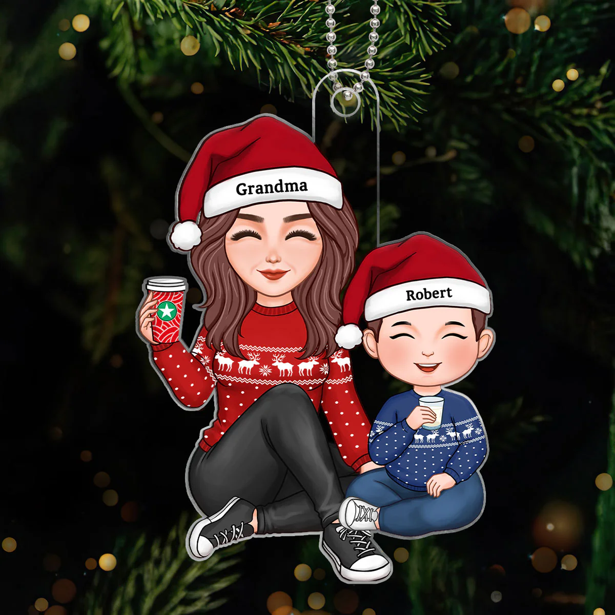 Cute Grandma & Grandkid Sitting Christmas Gift For Granddaughter Grandson Personalized Acrylic Ornament