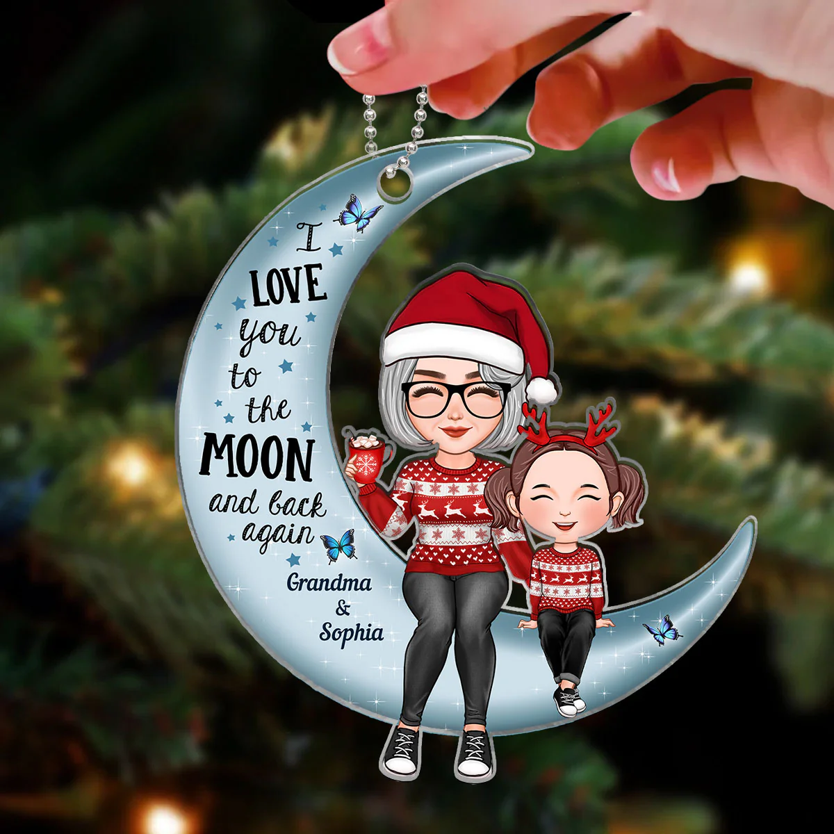 Cute Grandma Grandkid Sitting Love To The Moon Gift For Granddaughter Grandson Personalized Acrylic Ornament - Image 3