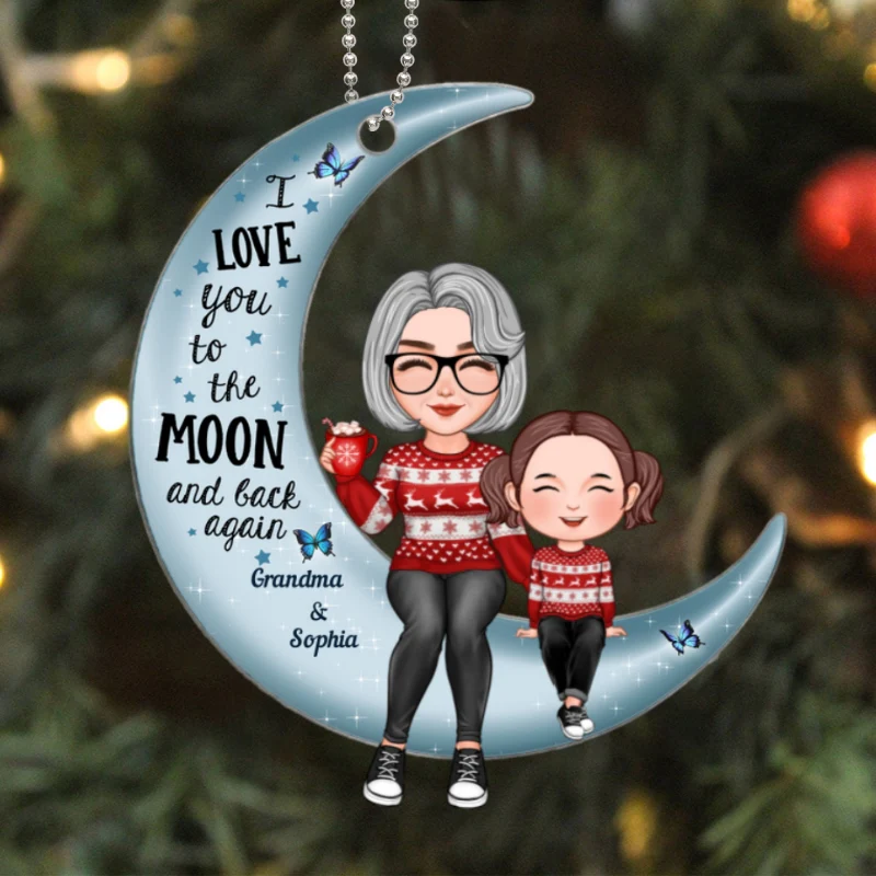 Cute Grandma Grandkid Sitting Love To The Moon Gift For Granddaughter Grandson Personalized Acrylic Ornament - Image 5