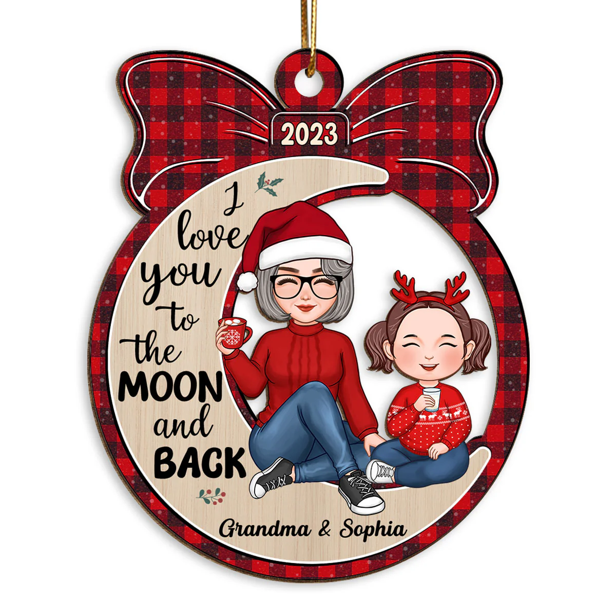 Cute Grandma & Grandkid Sitting Moon Gift Personalized Wooden Ornament