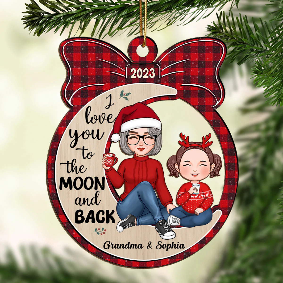 Cute Grandma & Grandkid Sitting Moon Gift Personalized Wooden Ornament - Image 2