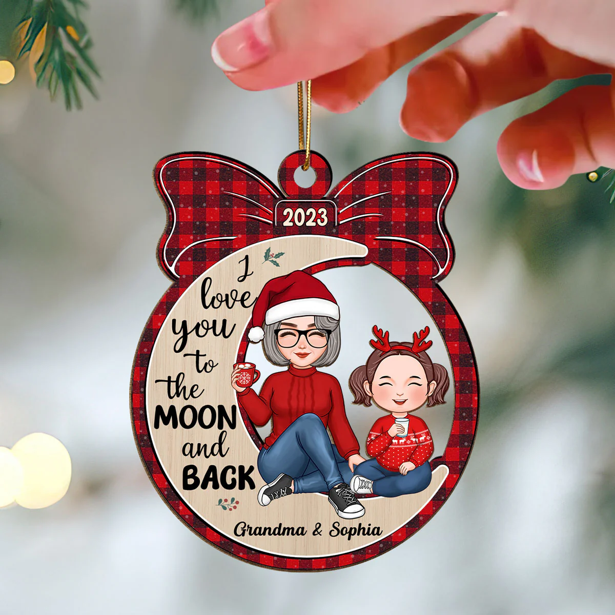 Cute Grandma & Grandkid Sitting Moon Gift Personalized Wooden Ornament - Image 3