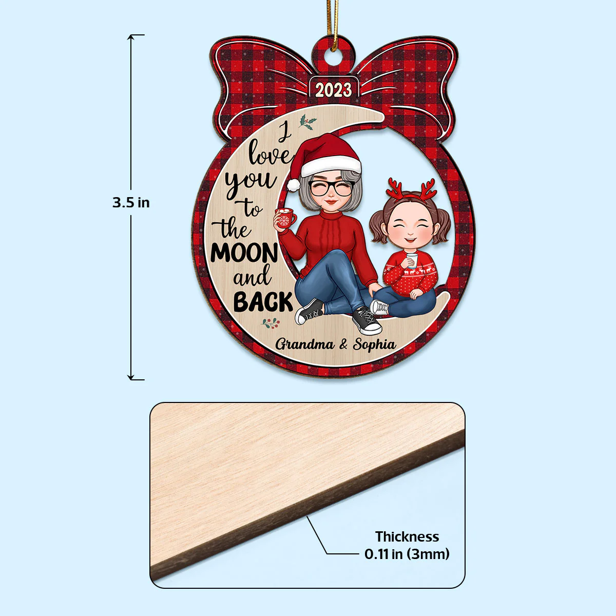 Cute Grandma & Grandkid Sitting Moon Gift Personalized Wooden Ornament - Image 4