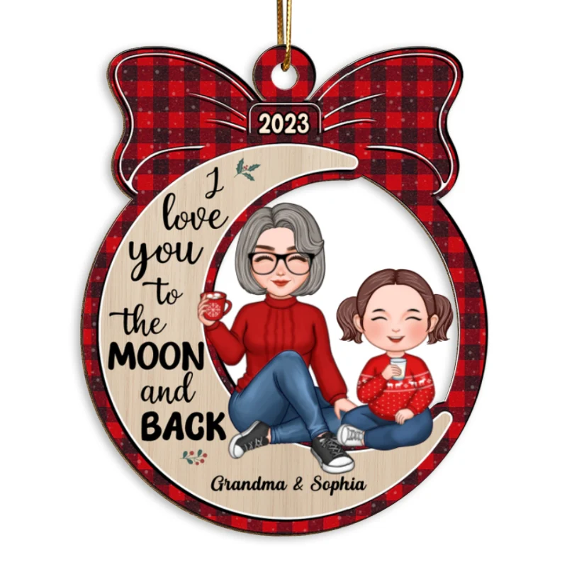 Cute Grandma & Grandkid Sitting Moon Gift Personalized Wooden Ornament - Image 5