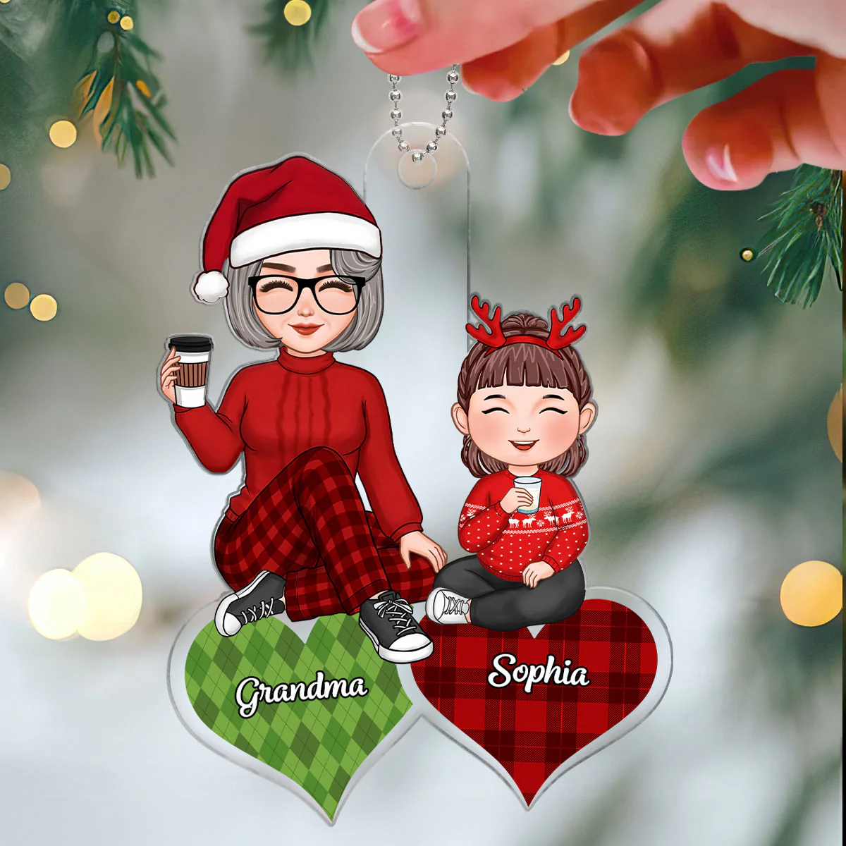 Cute Grandma Grandkid Sitting On Checkered Pattern Hearts Gift For Granddaughter Grandson Personalized Acrylic Ornament - Image 3