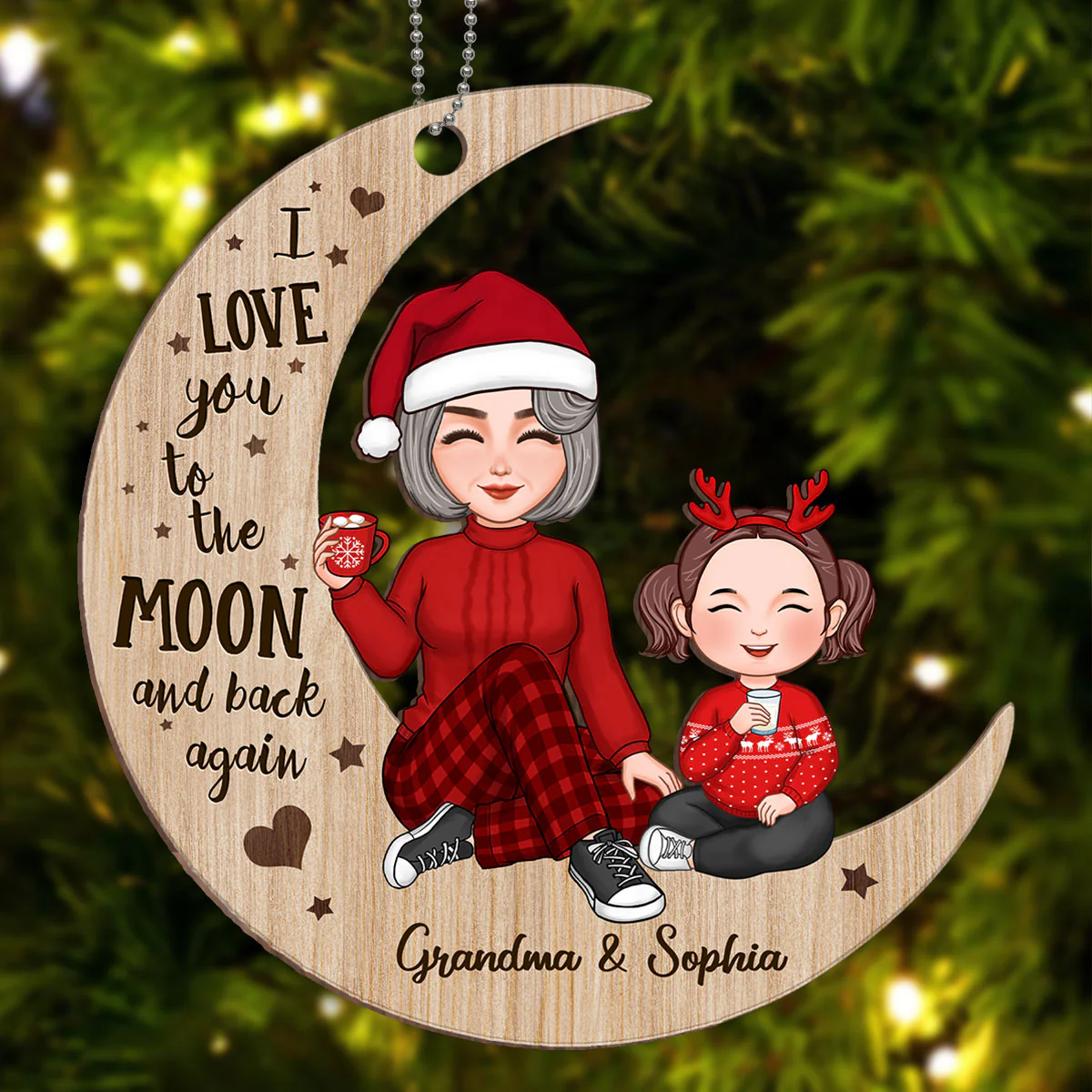 Cute Grandma & Grandkid Sitting On Moon Personalized Wooden Ornament - Image 2