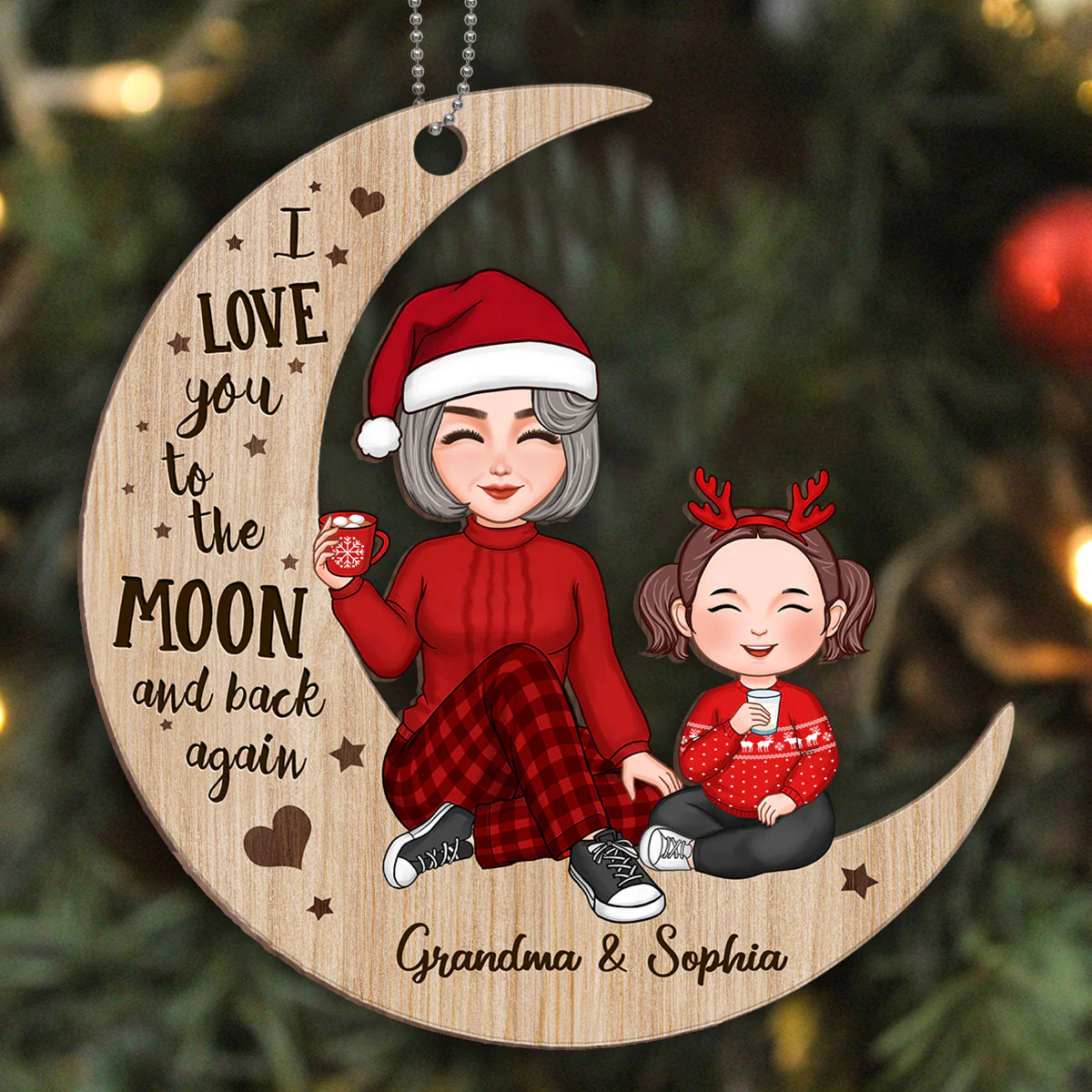 Cute Grandma & Grandkid Sitting On Moon Personalized Wooden Ornament - Image 3