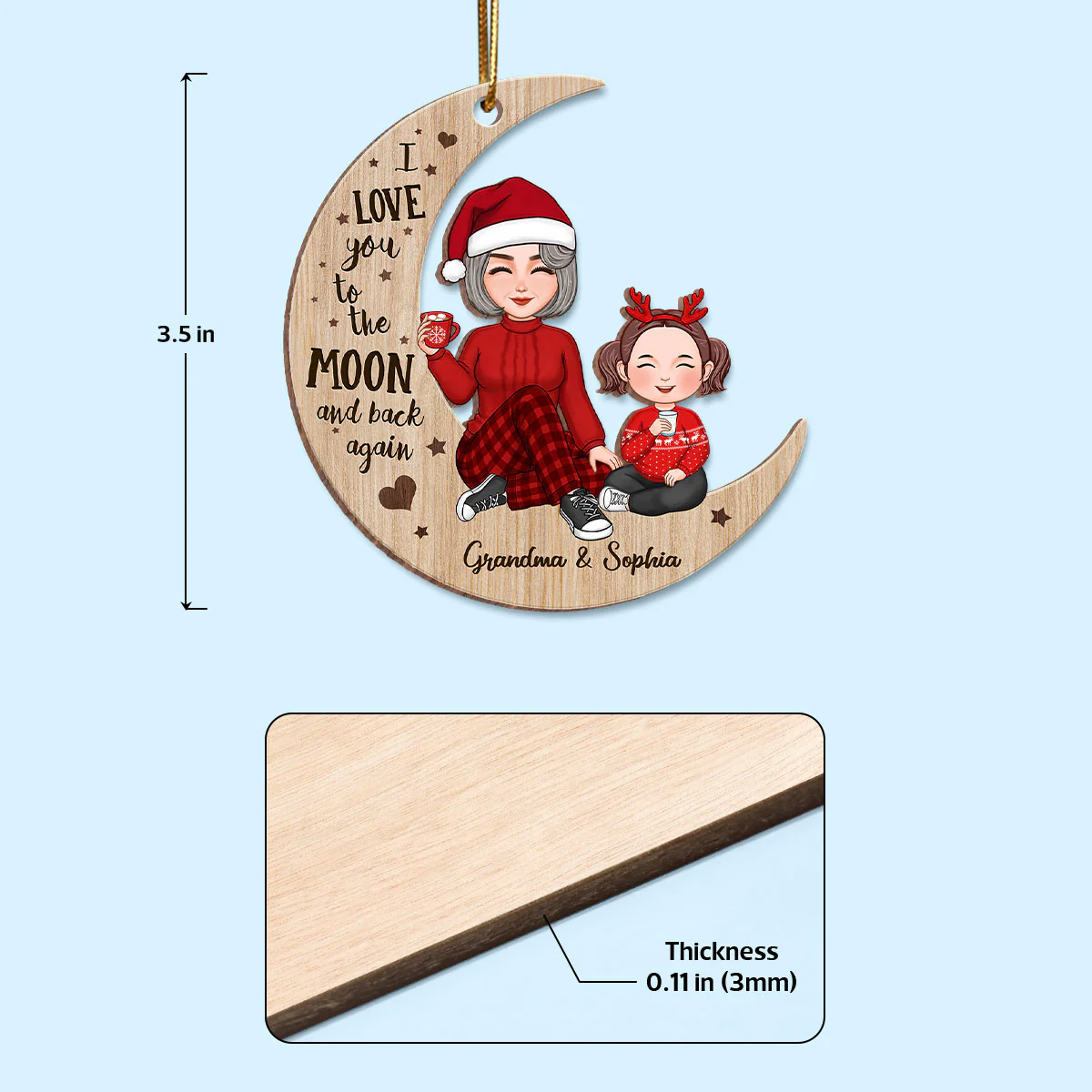 Cute Grandma & Grandkid Sitting On Moon Personalized Wooden Ornament - Image 4
