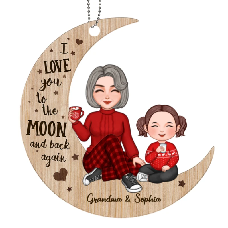 Cute Grandma & Grandkid Sitting On Moon Personalized Wooden Ornament - Image 5