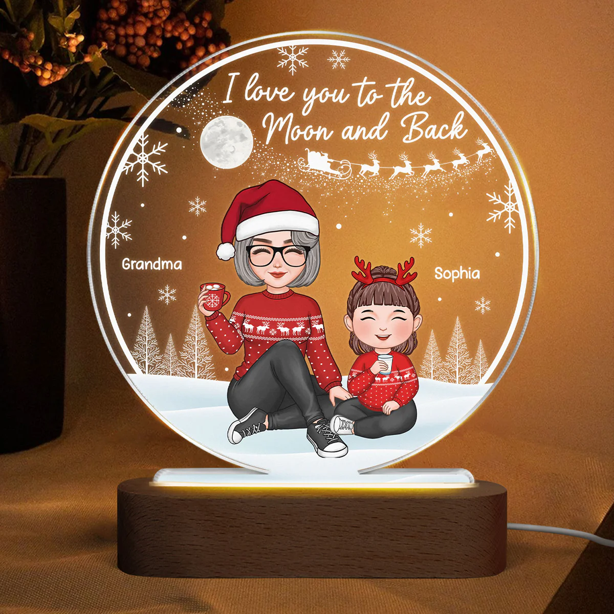 Cute Grandma & Grandkid Sitting On Snow Love You To The Moon And Back Gift For Granddaughter Grandson Christmas Personalized Acrylic Plaque Circle LED Night Light
